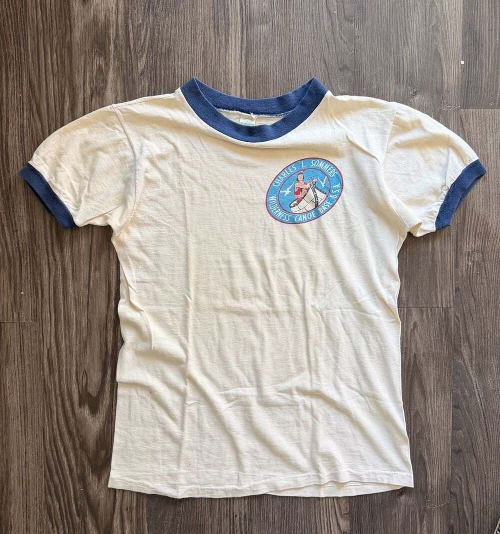 Vintage 70s Official BSA Charles L Somers Wilderness Canoe Base Ringer T-Shirt A